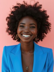 Young Afro smiling woman with blue suit, photo models - obrazy, fototapety, plakaty