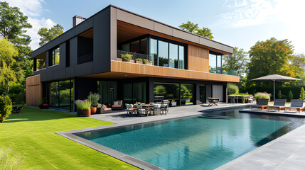 The exterior of a luxury minimalist cubic house with wooden cladding and black panel walls, landscaping design in the front yard, and a swimming pool