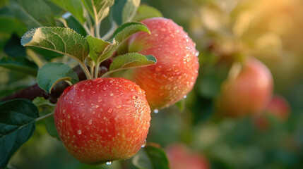 Close up of young apples growing on a tree
