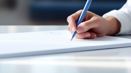 Close-up of a woman's hand jotting down notes in a notebook on her office desk