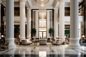 Condo Lobby with Grand Marble Columns and Chandel