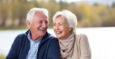 Joyful elderly couple enjoying a serene retirement moment in the park.