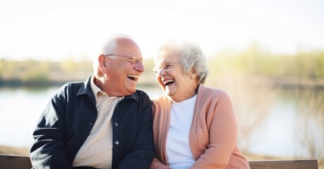 Joyful elderly couple enjoying a serene retirement moment in the park.
