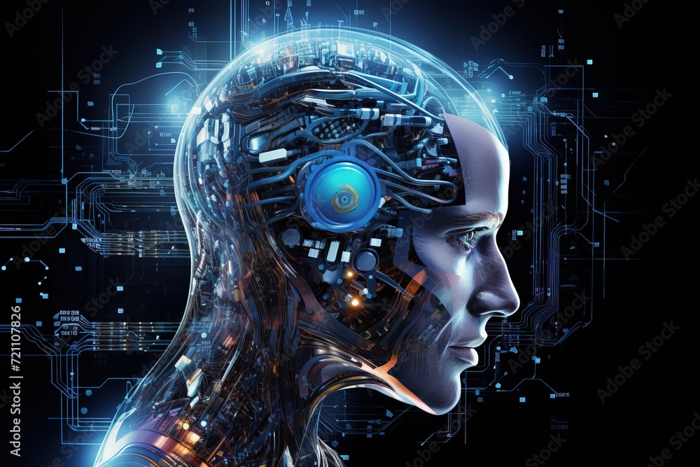 Poster attractive female robot with artificial intelligence. futuristic illustration of connection between 