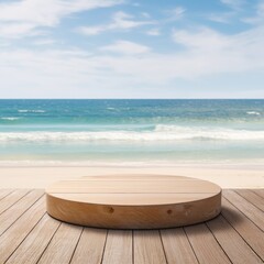 Fototapeta na wymiar Summer product display on wooden podium at sea tropical beach