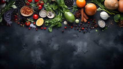 Obraz na płótnie Canvas Vegetables set and spices for cooking on dark background,, Healthy food for the heart dietary food on a black stone background top view free copy space 
