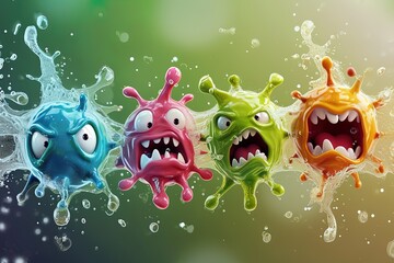 Viruses, bacteria with grimaces in water in cartoon style, 3d - obrazy, fototapety, plakaty