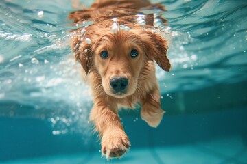 A captivating underwater photo capturing the exuberance of a young golden retriever dog as it dives and swims joyfully in a pool, showcasing aquatic playfulness and canine excitement - obrazy, fototapety, plakaty
