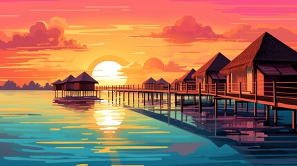 A serene vector design of a Maldivian paradise, featuring overwater bungalows, clear lagoons, and a radiant sunset sky, creating a dreamy atmosphere