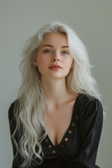 woman with white skin and long white hair and green eyes