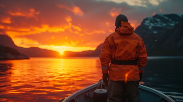 A courageous lonely fisherman in Norway stands on a boat and watches the sunset
