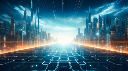 Obraz premium A futuristic cityscape filled with high-tech buildings, glowing lights, and advanced technology, representing innovation and the future of urban life