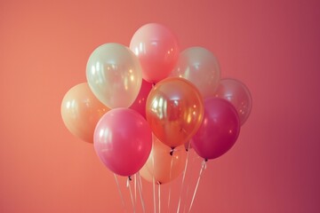 a group of balloons flying over a pink background