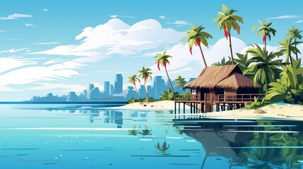 A serene vector illustration of a Maldives tropical island, complete with lush greenery, thatched-roof huts, and inviting blue lagoons, all