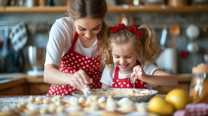 A girl and her mother in red aprons are baking pancakes in the kitchen