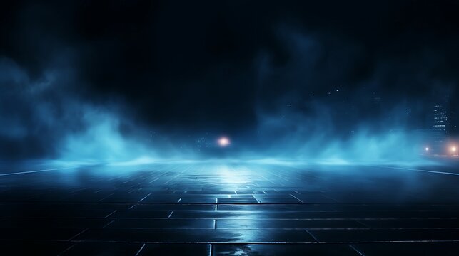 Dark empty scene, blue neon searchlight light, wet asphalt, smoke, night view, rays. AI Generative © Rana