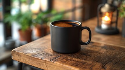 Black coffee mug on wooden table in coffee shop.