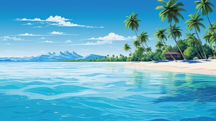A stunning vector-style illustration of a pristine beach in the Maldives with crystal-clear turquoise waters and lush palm trees swaying in the breeze, all