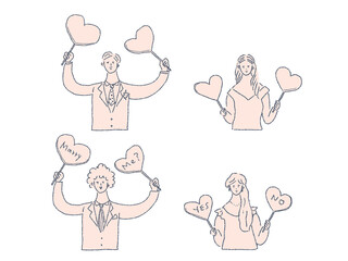 ハートのパネルを持った男性と女性、プロポーズ、カップル