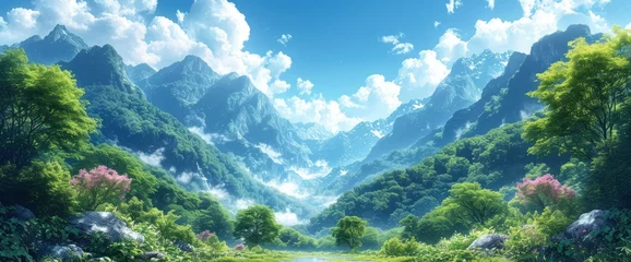 Deurstickers Watercolor Blue Sky Mountain Hill Landscape, Wallpaper Pictures, Background Hd © MI coco