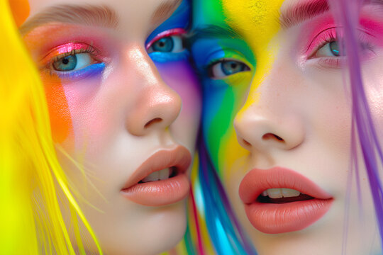 Beauty portrait of two women with colorful glamour make up. pink lips and color eyeshadows. Contemporary art collage. Modern creative artwork. New vision of beauty.
