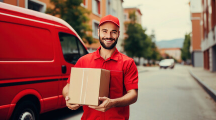 Delivery smiling man in red cap and uniform holding a cardboard box near a van red truck. Delivery of parcels to the client's home