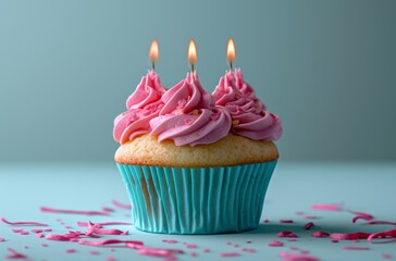 cupcake with three candles on a blue background