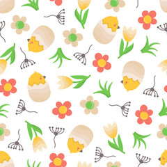 Seamless Easter pattern with chicken in shell and flowers. Stock isolated image on a white background in cartoon style.