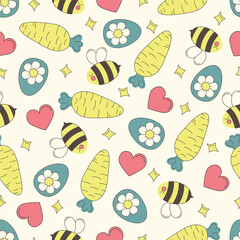 Easter seamless pattern in groove style with egg, carrot, bee and heart. Cute characters in trendy retro 60s 70s. Stock vector illustration. Creative texture for fabric, paper.