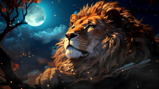 Night's Majesty: A Lion Roaming Under the Moon's Glow