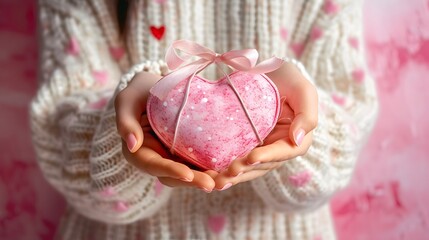 Close up on female hands holding a gift for valentines day. Symbol of love. Valentines day background with a gift boxes.
