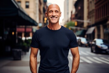 Bald middle aged man wearing mockup navy t-shirt front view in city street