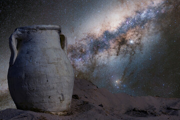Ancient amphora against the background of the night sky with the milky way, outer space. The...