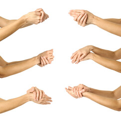 Applying cream. Multiple images set of female caucasian hand with french manicure applying cream on hands