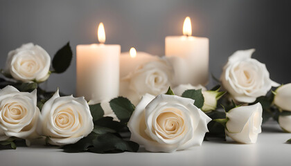 white roses and candle on table against black background.