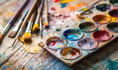 Dynamische Kreativität mit einem Set von Bunten Aquarellfarben auf Einem Hellen, Holzfarbenen Untergrund 