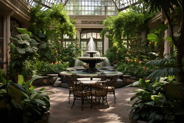 Fototapeta premium Atrium Garden Oasis with Lush Greenery and Fountain