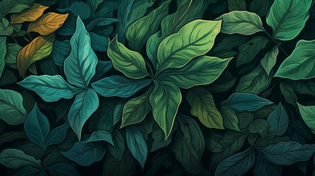 An enchanting vector illustration of a close-up view of leaves, highlighting the fine details, textures, and vibrant greens, akin to an HD camera's precision © SAJAWAL JUTT
