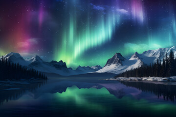Aurora borealis with snowy mountains background - obrazy, fototapety, plakaty