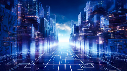 Fototapeta premium A futuristic cityscape filled with high-tech buildings, glowing lights, and advanced technology, representing innovation and the future of urban life