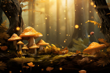 Autumn forest with golden leaves and mushrooms background