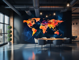 A world map is hung on the wall of the conference room.