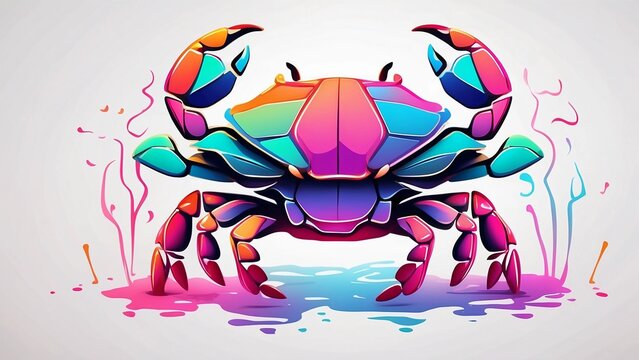 Minimalist neon line logo of a tessellated geometric crab surrounded by colorful smoke effects vectorized, symmetrical, white background