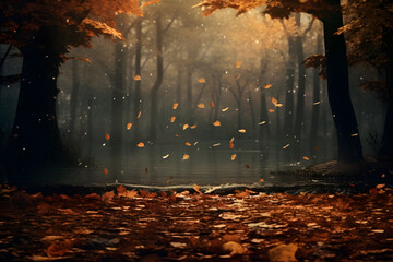 Autumn leaves falling in a forest background - obrazy, fototapety, plakaty