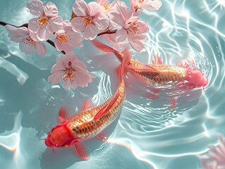 Golden Koi fish with cherry blossom in the water. 3D rendering, Chinese new year concept - obrazy, fototapety, plakaty
