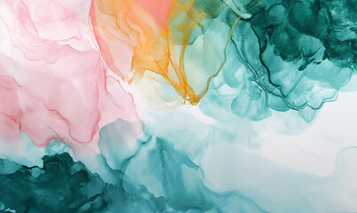 Abstract watercolor wallpaper painting multicolored backdrop horizontal banner (teal / green, pink, yellow gold)