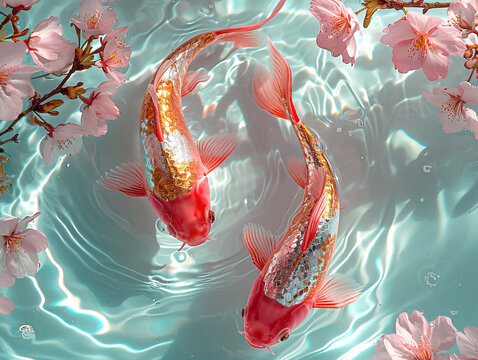 Golden Koi fish with cherry blossom in the water. 3D rendering, Chinese new year concept