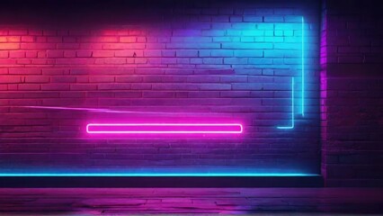 Brick wall with neon style bright light. Cyberpunk vapor synth retro wave background concept.
