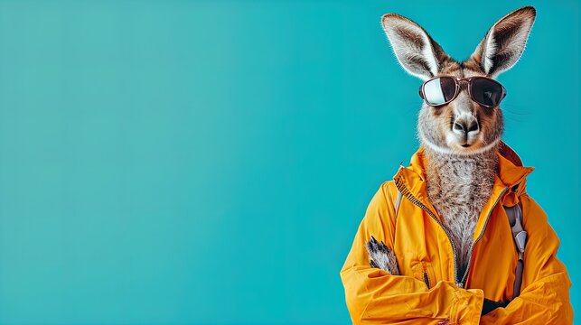 Kangaroo Couture Extravaganza! Unleash style with this chic kangaroo donning high-end outfits. Perfect for birthdays and invites. Copy space to personalize your message.