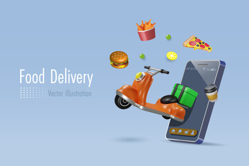 Online food delivery service. Scooter on smartphone app carrying fast foods to customer. Express home delivery. 3D vector cartoon character.